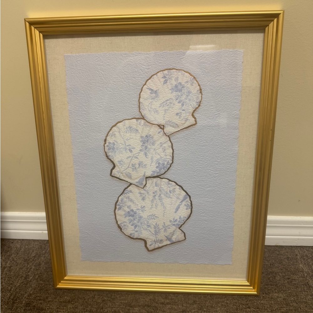 Kirkland Gold Framed Chinoiserie Shell Gold Trim: Blue and White Coastal Art,